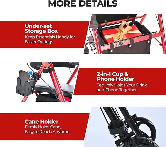 Metro Mobility 2 in 1 Rollator Walker & Transport Wheelchair, Foldable Lightweight Rollator Walker with Seat, 8" Big Wheels for All Terrain, 300 lb. Weight Capacity, Red