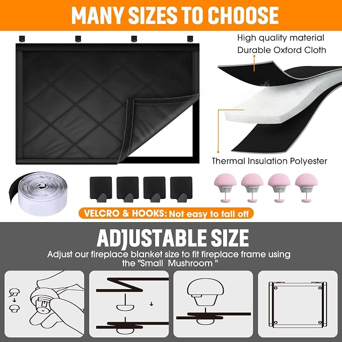 Fireplace Draft Cover, Fireplace Blocker Blanket with Hook and Loop Tapes, Indoor Fire Place Draft Stopper for Heat Loss Insulation Black 45" W x 34" H
