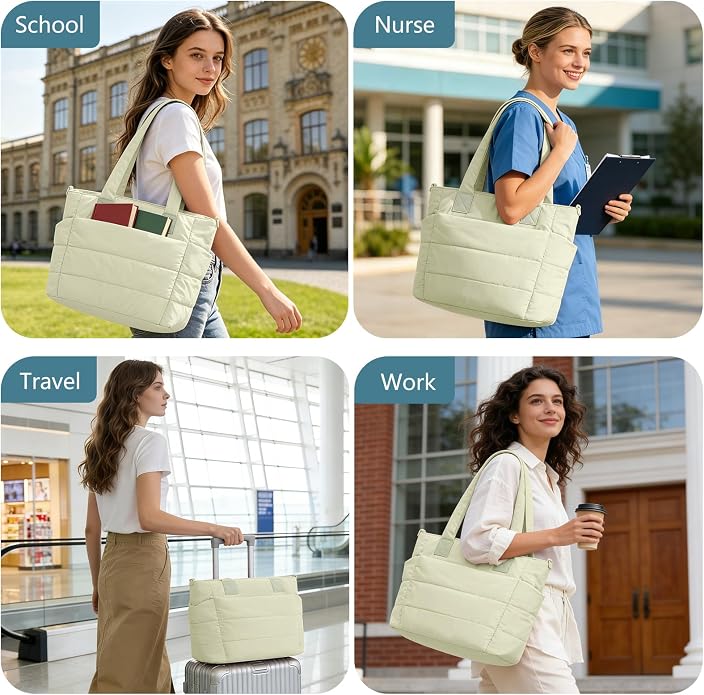 Puffer Tote Bag for Women Quilted Nurse Bag Lightweight Work Bag for Teacher Travel Handbag with Multiple Pockets