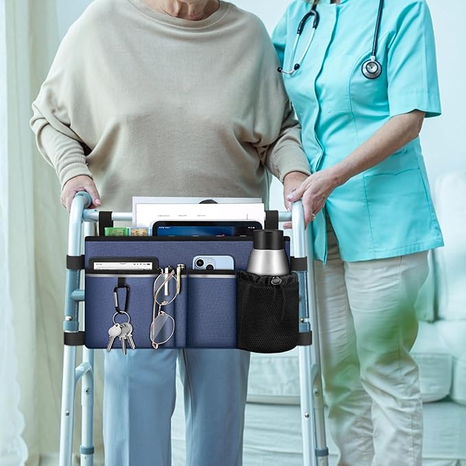 FINPAC Large Walker Tote Bag with Cup Holder, Folding Walker Attachment Hands-Free Storage Basket Mobility Aid Accessory Pouch for Elderly, Senior, Navy Blue