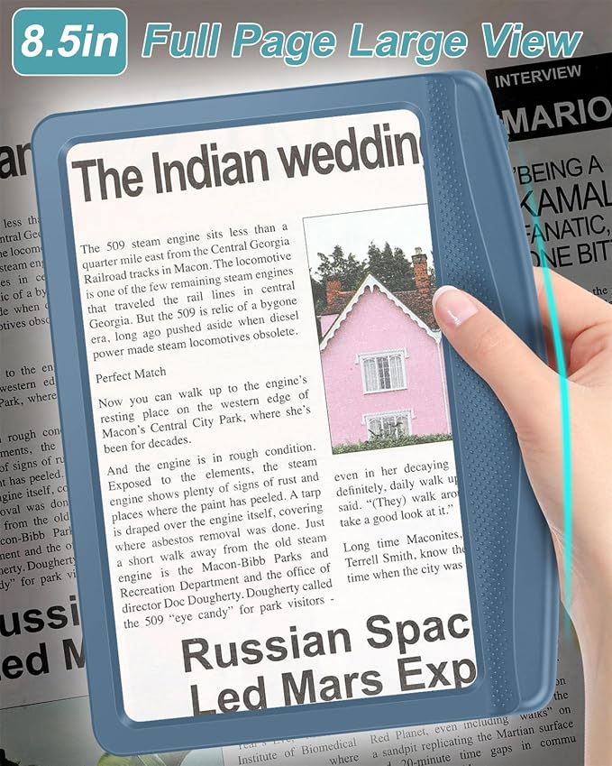AKKYCVS 6X Rechargeable Magnifying Glass with Light, Large Bright LED Lighted Full Page Magnifier, Lightweight Rectangular Handheld Magnifier with Light for Reading Small Prints for Seniors, Blue