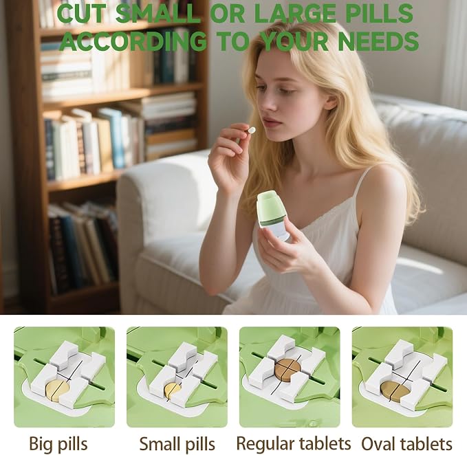Pill Cutter with Water Cup, 1/4 Pill Splitter for Small and Large Pills Precision Quarter Cutter Splitter with Dispenser, 3-Compartment Storage | Stainless Steel Blade (Green)
