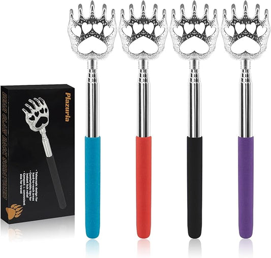 (4-Pack) Extendable Back Scratchers - Metal Claws with Telescopic Rubber Handles - Stocking Stuffers for Men, Women, Kids - Christmas Gift