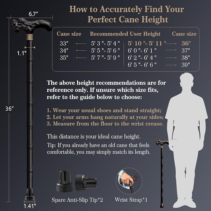Wooden Walking Cane, 3D Dragon Engraved Cane Support up to 400 lb, Canes for Seniors Men Women of Different Heights