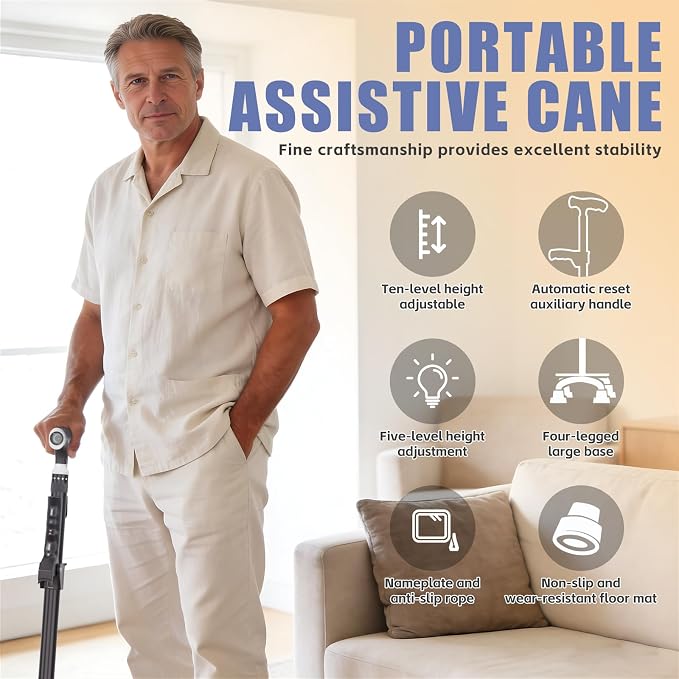 Hold 440 lbs Walking Cane for Seniors Aluminum Alloy Lightweight Height Adjustable Walking Stick Heavy Duty Foldbale Free Standing Cane with LED for Men and Women Adults