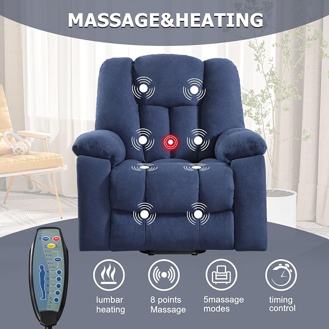 Power Lift Recliner Chair with Massage and Heat for Elderly, Overstuffed Wide Recliners, Heavy Duty and Safety Motion Reclining Mechanism with USB Ports, 2 Concealed Cup Holders, Navy Blue