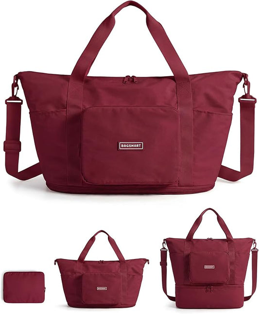 BAGSMART Foldable Travel Bag, 37L Expandable Personal Item Bag, Lightweight Weekender Bags for Women, Water Resistant Extra Carry on for Travel, Pomegranate Red