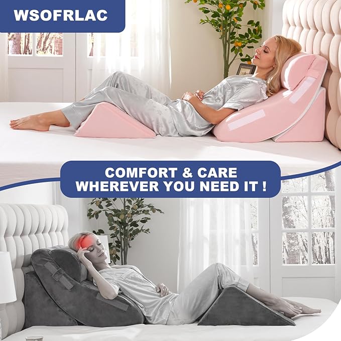 4PCS Orthopedic Bed Wedge Pillow Set for Post Surgery Recovery - Adjustable Memory Foam Support Pillows for Back/Leg/Shoulder Pain Relief, Acid Reflux & Anti Snoring Sleeping System, Pink