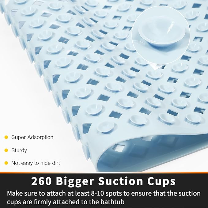 Yimobra Bathtub Mat Non Slip, Super Strong Suction Cups, 27.5"x15.5" Long Shower Mat with Drain Holes, Machine Washable Fast Draining Bath Mats, Bathroom Essentials,Light Blue