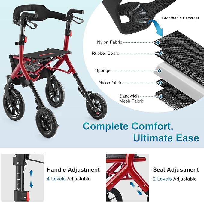 Rollator Walker with Seat, Tall Walkers for Seniors, 12" Big Rubber Wheels All Terrain Rollator Walker with Backrest, Built-in Cable, Foldable and Dual Adjustable Height for 5.3-7ft, Red