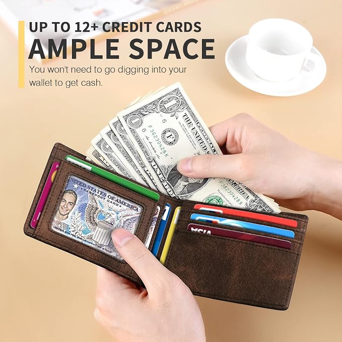 RUNBOX Wallet for Men, Slim Leather Bifold, RFID Blocking Card Holder | Minimalist Front Pocket Design, Credit Card Organizer, Holds 11 Cards, Large Capacity, Thin Profile, Birthday Gifts for Men