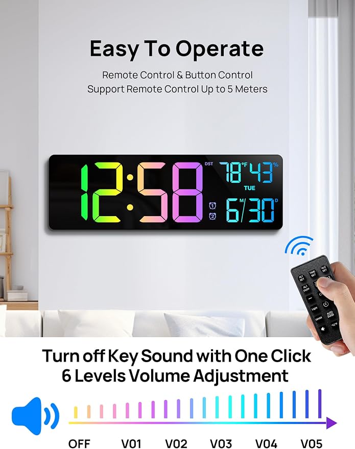18.5" Large Digital Wall Clock with Remote Control, Big LED Display Digital Clocks with Night Light, Alarm, Countdown, DST, Temp, Date for Parlor, Office, Classroom, Bedroom, Gifts for Seniors(Black)