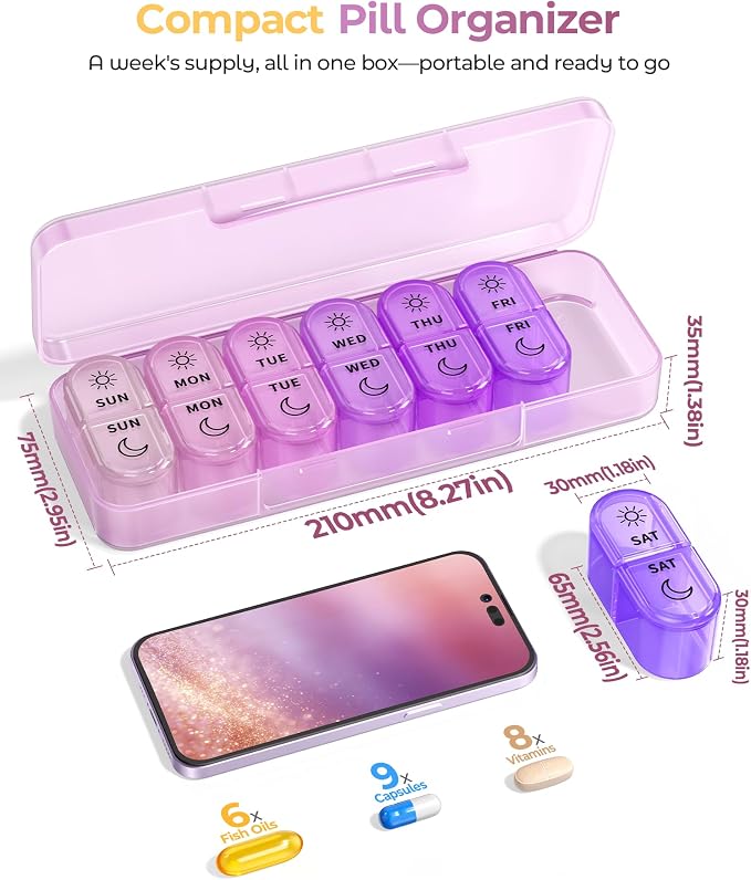 Weekly Pill Organizer 2 Times a Day, AM PM Pill Box 7 Day with 7 Removable Daily Cases, 14 Compartments Easy Open Travel Pill Organizer for Vitamins, Fish Oil and Supplements