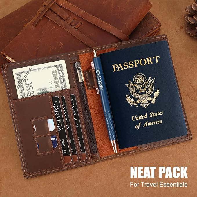 STAR VISTA Phoenix Leather Passport Holder, Full Grain Leather Travel Wallet - Slim, Bifold, RFID Blocking, ID Window, Coin Pocket, Card Slots, SIM Slots, AirTag Holder