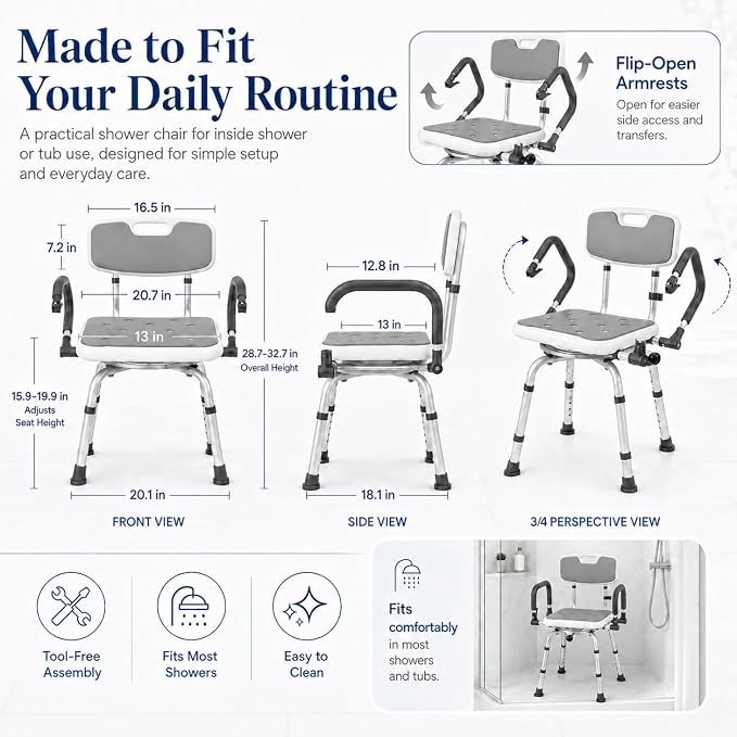 Deluxe Swivel Shower Chair with Arms & Back by CZMY, 360° Locking Seat, 5-Level Height Adjustable, Padded Heavy-Duty Bath Chair, 300 lbs, for Seniors, Elderly, & Disabled (Grey with Flip-Up Arms)