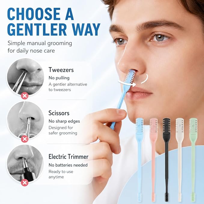 5PCS 2-in-1 Nose Hair Trimmer for Men & Women, Portable Double-Sided Manual Nasal Hair Cutter with 360° Rotating Stainless Steel Blades, Safe Nose Hair Remover for Home & Travel