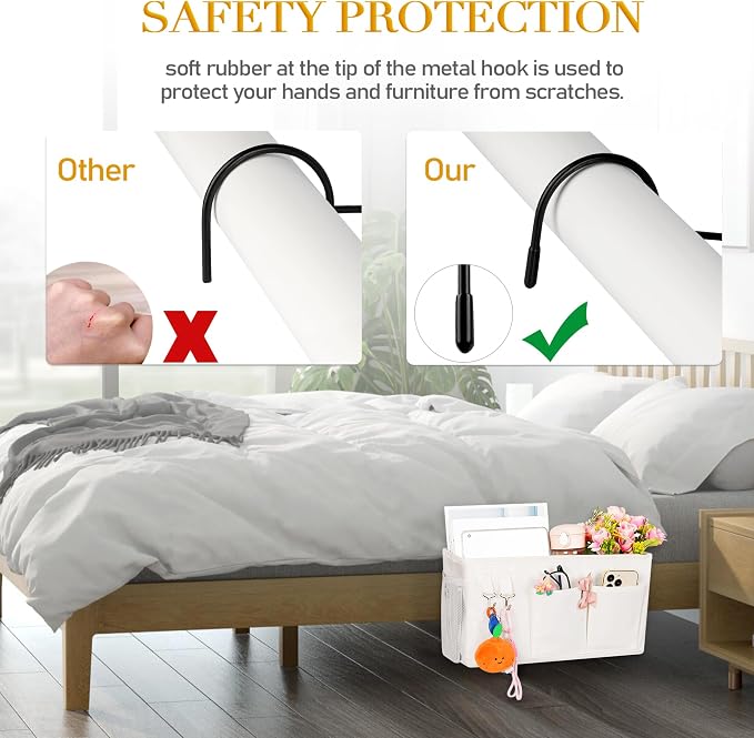 Bedside Caddy Bedside Storage Bag for Headboards/Bunk Bed | Hanging Bed Caddy with Hooks fits Bunk bed Hospital Beds Dorm Bed Rails, Essentials for Phones, Books, Remotes, Water Bottles