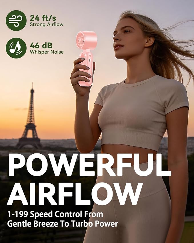 Portable Handheld Fan with Ice Cooling, 7.5m/s High Speed Turbo Fan, 150° Foldable 4-in-1 Personal Neck Fan, 199 Speed Stepless Control, USB-C Rechargeable for Travel, Makeup, Hiking,Pink