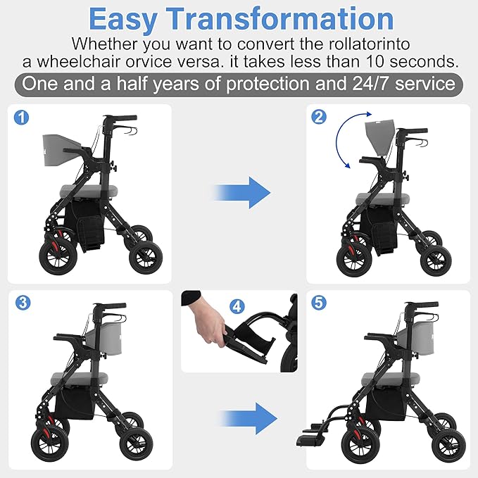 Rollator Walkers for Seniors with Seat, Walker Wheelchair Combo, 2 in 1 Rolling Walker Transport Wheelchair Lightweight Foldable, 10" Big Wheels Transport Chair with Brakes,Grey