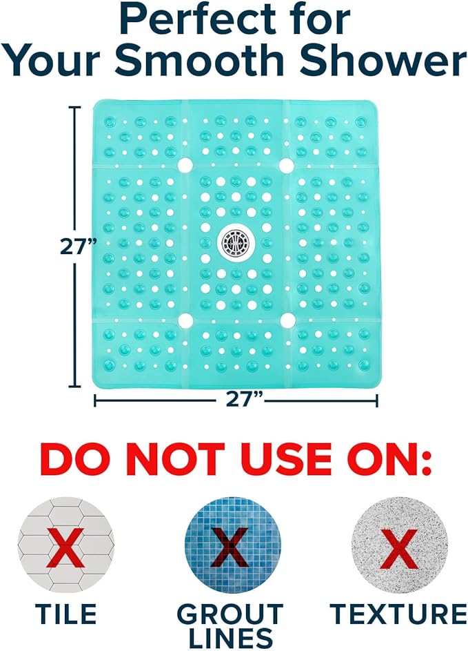 SlipX Solutions 27" Oversize Square Shower Mat, Non-Slip Mat for Elderly & Kids, 100+ Power Grip Suction Cups for Smooth Surfaces, Machine Washable, Transparent Aqua