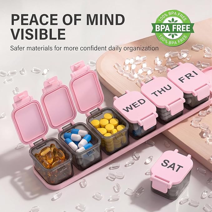Yaklim Extra Large Weekly Pill Organizer - Waterproof 7-Day Pill Box, Portable Vitamin & Supplement Case, Easy to Open Design, Ideal for Travel and Daily Medication Management (Blackpink)