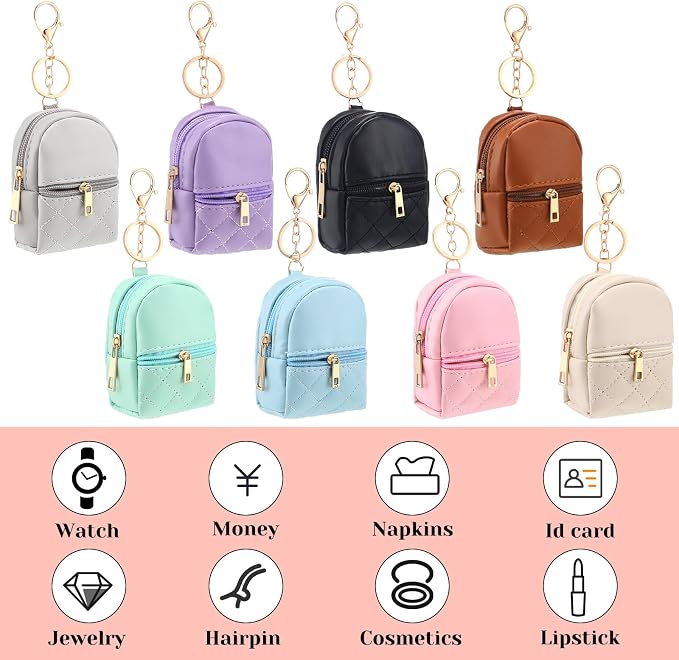 Liliaafar 8 Pcs Mini Backpack Keychain Mini Coin Purses for Women Cute PU Leather Makeup Bag with Keychain, Multi Pocket Card Holder Cable Organizer Giftable Zipper Pouch (Minimalist)