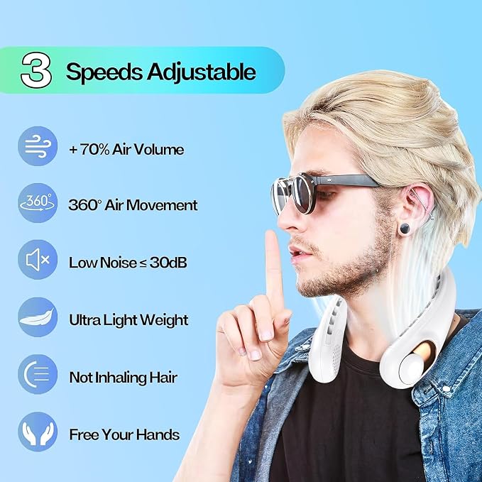KIDEE Portable Neck Fan, 4000mAh Rechargeable, 360° Airflow, Hands Free Bladeless Wearable Fan, 2 Pack, White
