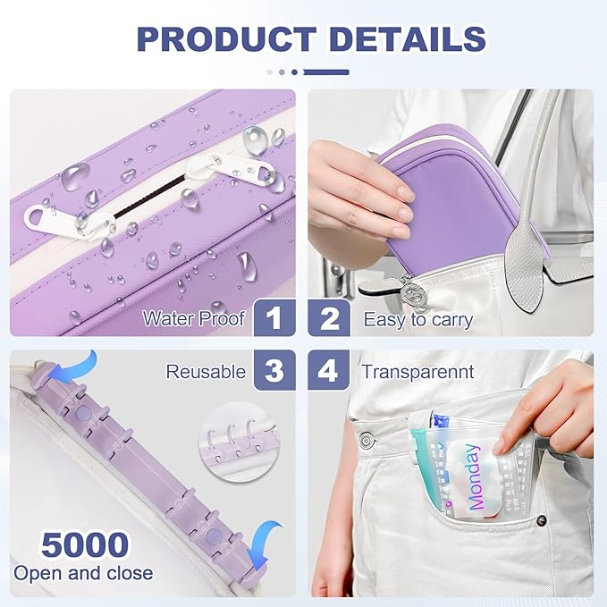 Weekly Pill Organizer 2 Times a Day – Timueetech A6 Waterproof 14 Pouch Bags for Travel, BPA-Free Medication Storage with Labels & Self-Sealing for Vitamins & Supplements, Purple