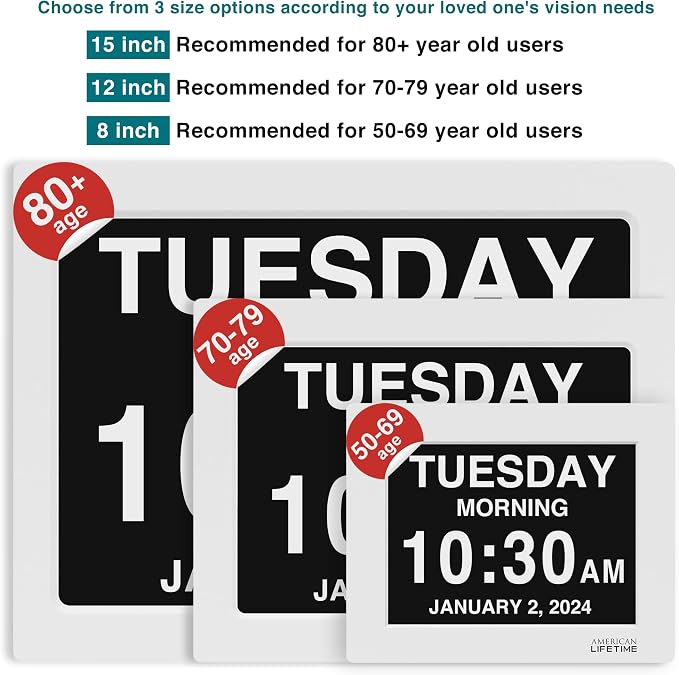 American Lifetime New 2026 Dementia Clock Large Digital Clock for Seniors, Digital Calendar Large Display, Custom Alarms, Clock with Day & Date for Elderly 21.5 Inches White