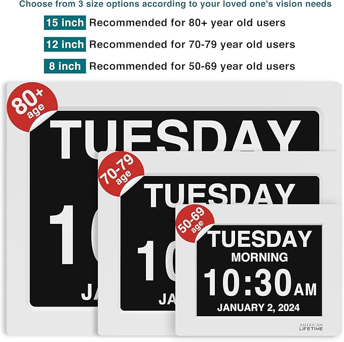 American Lifetime New 2025 Dementia Clock Large for Seniors, Digital Clock Large Display with Custom Alarms, Clock with Day & Date for Elderly, Number Digital Clock 12 Inches White