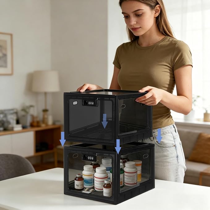 Medicine Lock Box with Code, Lockable Storage Box for medication,Food, Phone, Tablet, Premium Plastic Large Locking Organizer Bin for Office, Dorm, Home (2 Pack)