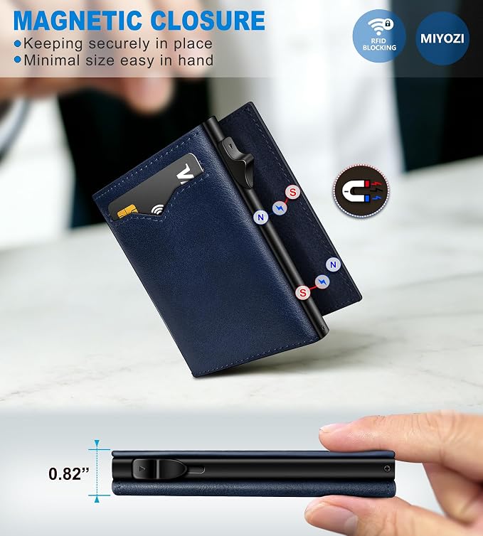Wallet for Men,with Cash Pocket 2 ID Window 9-13 Cards,Metal Case Smart Slim Pop Up Credit Card Holder Flip with Magnetic Closure RFID Blocking Trifold wallet with Gift Box
