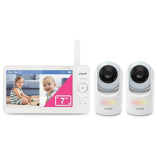 VTech 2-Cameras Video Baby Monitor with 7" Color LCD Screen, Rechargeable Battery, Video and Audio Streaming, Pan-Tilt-Zoom, Touch Multi-Color Night Light, Two-Way Talk: Advanced Max Twin (Blue)