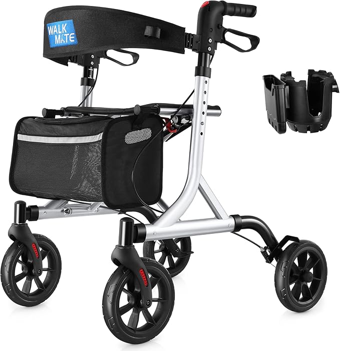 WALK MATE Rollator Walker for Seniors with Cup Holder, Upgraded Thumb Press Button for Height Adjustment, 4 x 8 Wheels Walker with Seat Padded Backrest Folding Lightweight Walking Aid, Silver