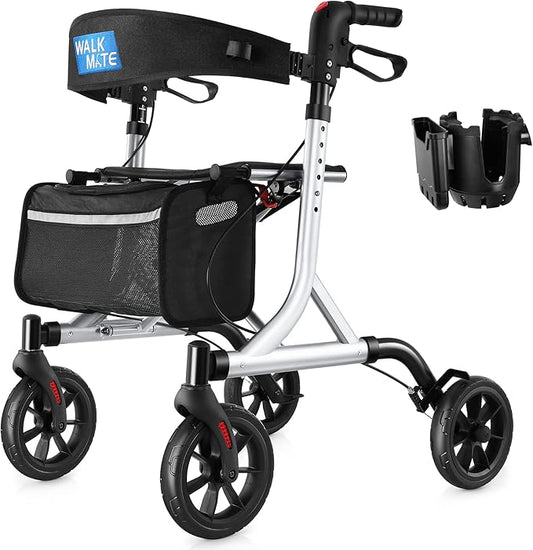 WALK MATE Rollator Walker for Seniors with Cup Holder, Upgraded Thumb Press Button for Height Adjustment, 4 x 8 Wheels Walker with Seat Padded Backrest Folding Lightweight Walking Aid, Silver