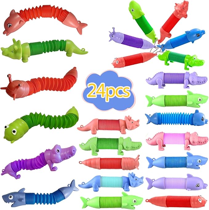 Pop Tubes Fidget Toys 24 Pcs,Party Favors Supplies Birthday Gifts for Kids Adults,Christmas Stocking Goodie Bag Stuffers,Sensory Toys for Anxiety ADHD Stress Relief,Treasure Box Toys Classroom Prizes