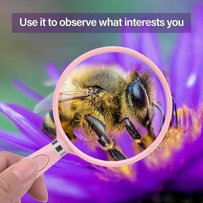 Feosky Handheld Reading Magnifier, 10X Magnifier, 75mm Shatterproof Lens, Non-Slip Handle for Adults Close Work, Seniors Reading and Nature Exploration, Hobby Observation(Pink)