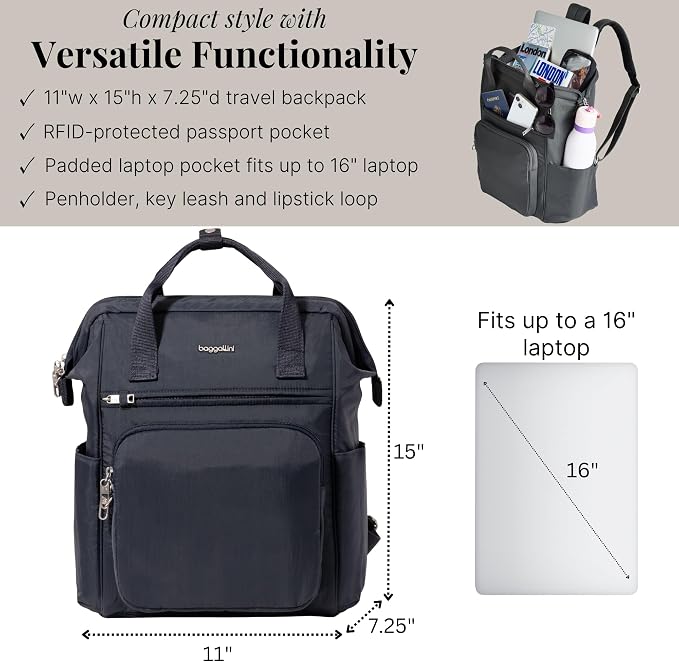 Baggallini Securtex Anti-Theft Windsor Backpack for Travel, Work & College, RFID & Locking Zipper, Up to 16" Laptop