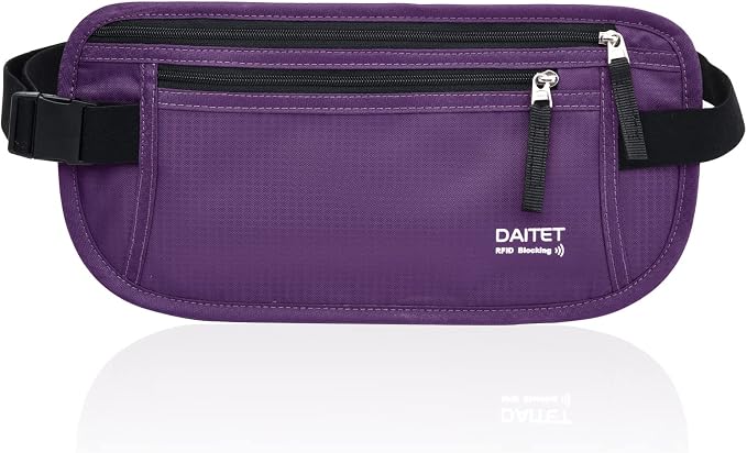 RFID Blocking Money Belt for Men Women, Slim Fanny Pack For Travel，Running,Conceal Waist Wallet For Passport Holder,Phone,Cash(Dark Purple), Dark Purple, Rfid Blocking & Belt Wide:1inch
