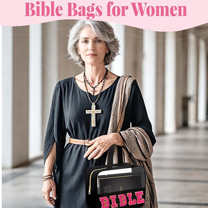 Chenille Pink Letter Bible Bag for Study Supplies Bible Cover Case for Women Girl, Church Bag for Bible Accessories with Handle and Zipper, Christian Gifts