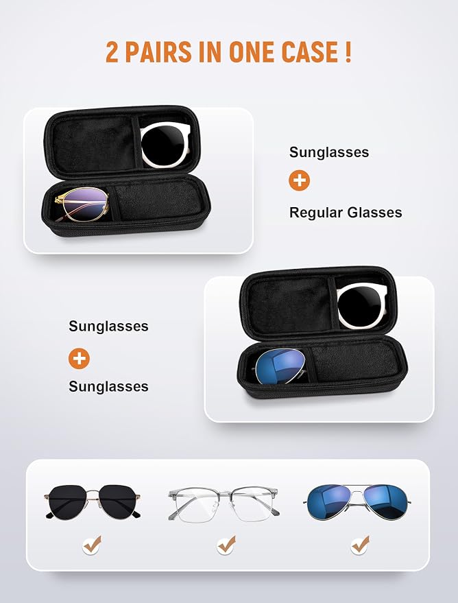 Double Glasses Case Hard Shell, Dual Sunglasses Organizer w/Zipper, Shockproof Travel Eyewear Storage Case for Car