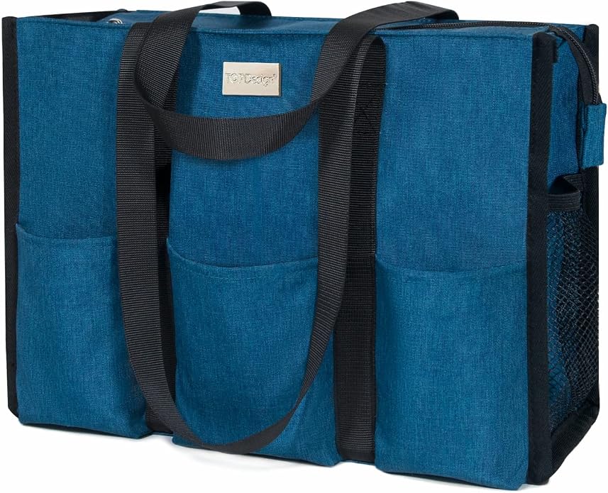 TOPDesign Utility Water Resistant Tote Bag with 13 Pockets, Top Zipper Closure & Thick Bottom Support, for Working Women