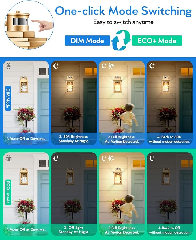 VIANIS Gold Motion Sensor Outdoor Lights Lantern, Exterior Lights for House | UL Listed, Dusk to Dawn Anti-Rust Porch Lights Sconce, Garage Lights Wall Mount for Patio, Doorway, Fade-resistant, 2 Pack