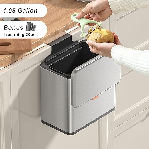 Mbillion 1.05 Gal Silver Hanging Stainless Steel Compost Bin | 4L trash can with lid, cabinet & under sink door mount design, for kitchen, RV and bathroom food waste storage