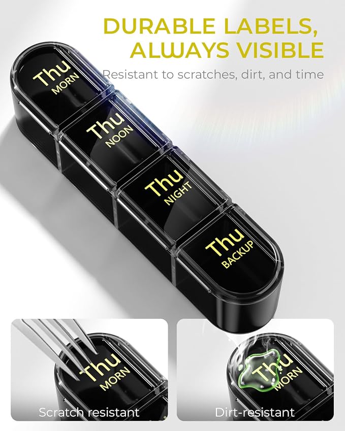 Odaro Weekly Pill Organizer 4 Times a Day, BPA Free Daily Pill Box 7 Day, Large Travel Pill Case with 28 Compartment to Hold Medicine, Vitamin and Supplement - Full Black