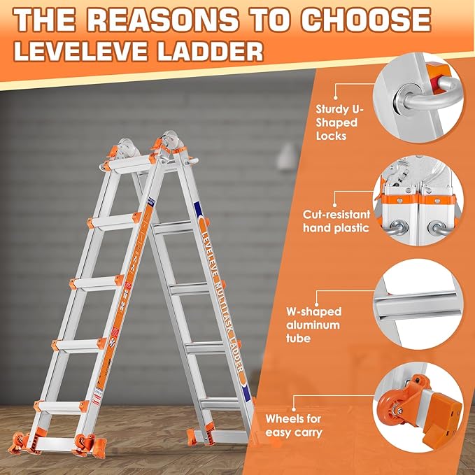 LEVELEVE 11FT Multi Position Ladder,A Frame 3 Step Ladder with Stabilizer Bar & Wheels,330 lbs Security Load Extension Ladder for Stairs Home Indoor Outdoor Roof