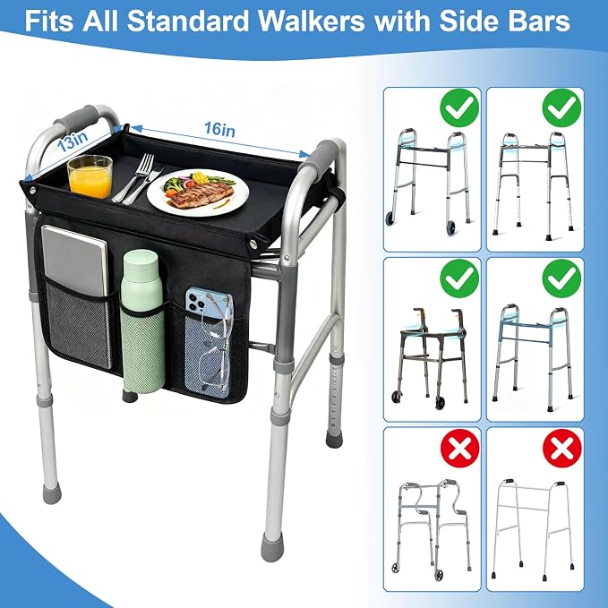Walker Tray for Folding Walker, Removable Tray for Walker, Tray for Walkers for Seniors with Cup Holder, Fits Standard Walkers, Easy Assembly (Black)