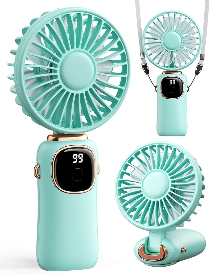 coldSky Portable Handheld Fan, 4000mAh Battery Operated Fan with LED Display, Handheld/Neck/Desk 3 in 1 Personal Small Fans, 90° Foldable Desk Fan with Base, 5 Speed Makeup Lash Fan for Women Green