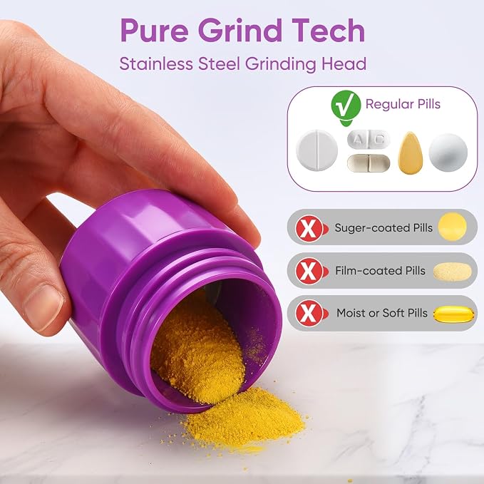 3-in-1 Pill Crusher and Pill Cutter, Pills Crusher Fine Powder with Stainless Steel Grinding Head, Pil Grinder with Storage for Tablets, Cutter Splitter for Small and Tiny Pills (Purple)