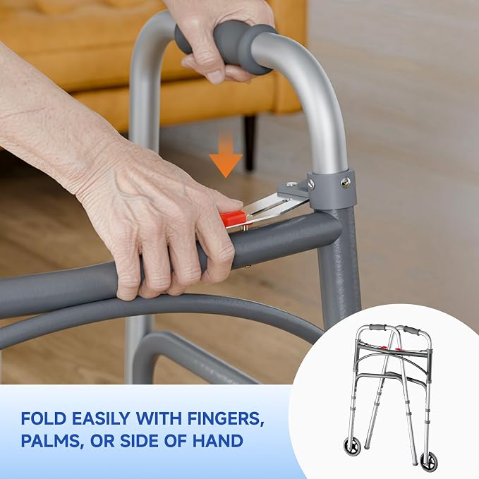 Loyoda Folding Walker with Tray for Seniors, Walker with 5" Front Wheels | Lightweight Aluminum 2-Wheel Walker, Height Adjustable Standard Walkers, 350 lbs